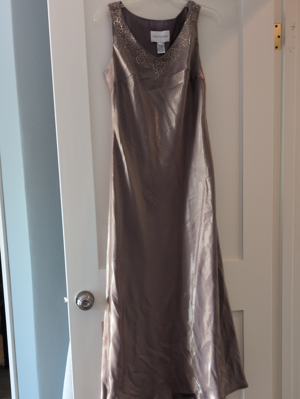 David's Bridal Metallic Taupe Sleeveless Maxi Dress